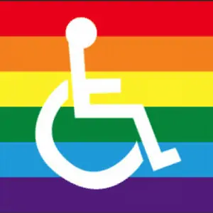 White disabled symbol over a rainbow flag