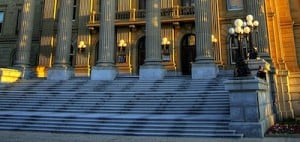A government building with steps up to the entrance