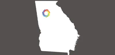 a silhouette of the state of Georgia with the ASAN logo marking Atlanta