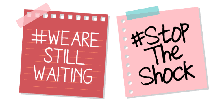 Graphic of post-its taped to a wall with the messages #StoptheShock, #WeAreStillWaiting