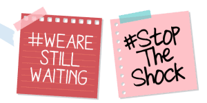 Graphic of post-its and paper taped to a wall with the messages #StoptheShock, #WeAreStillWaiting and "autisticadvocacy.org/stoptheshock"