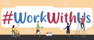 Four disabled people work together to paint the words #WorkWithUs on a wall