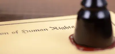 a wax stamp being placed on a parchment that says "declaration of human rights"