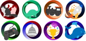 The eight badges for the levels of our new membership program!