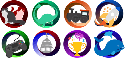 The eight badges for the levels of our new membership program!