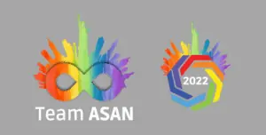 On the left, a rainbow New York City skyline over a rainbow infinity symbol. It says Team ASAN. On the right, the same rainbow skyline over the ASAN logo. It says 2022.