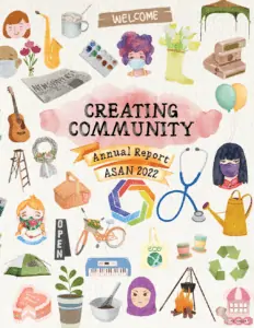 Cover of 2022 Annual Report. Several people and objects in a watercolor style are scattered around the title: Creating Community