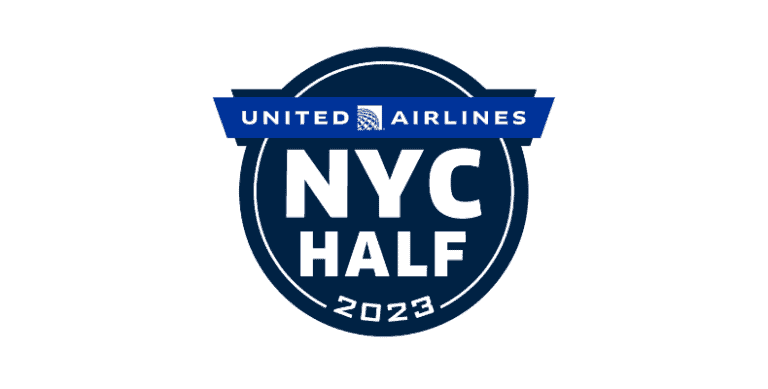 Blue and white logo that says United Airlines NYC Half 2023