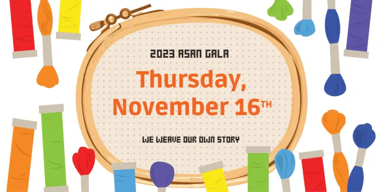 A graphic that resembles a embroidery hoop. It says 2023 ASAN Gala Thursday November 16th; We Weave Our Own Story