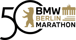 Image includes the words "BMW Berlin Marathon" with a large "50" surrounding a silhouette of a bear as well as a stylized depiction of the Brandenburg Gate to the right of the words.