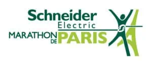 Logo of the Schneider Electric Marathon de Paris in varying shades of green, with a silhouette of a runner and the Eiffel Tower.