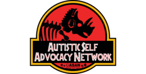 Red circular background with triceratops skeleton wearing noise canceling sensory headphones. Over circle a rectangular sign with autistic self advocacy network in jurassic park-esque font. Small ASAN logo at the bottom of the design surrounded by trees.