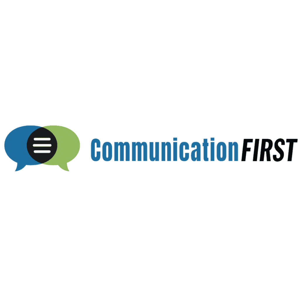 CommunicationFIRST logo, blue and green overlapping speech bubbles with the words communication first in blue and black. The word first is in all caps.