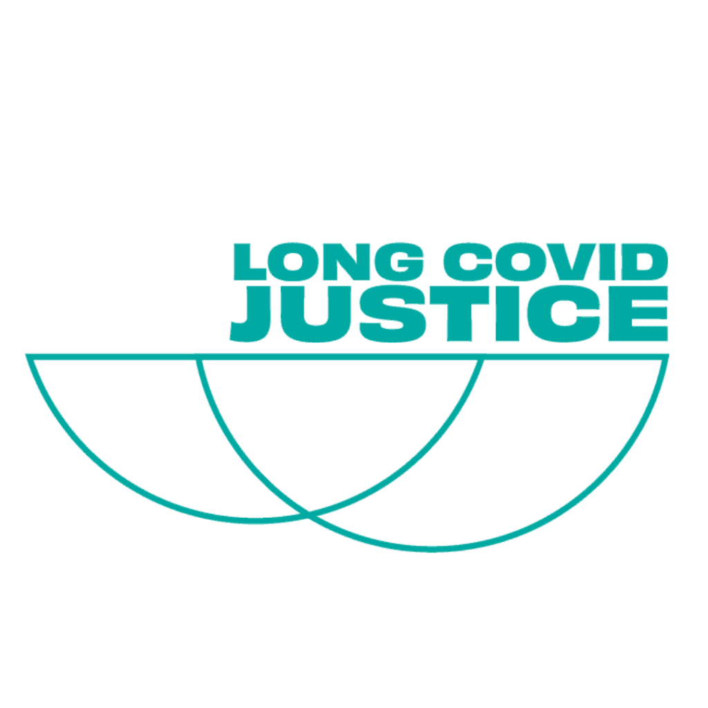 Two teal semicircles under teal text that reads Long COVID Justice.