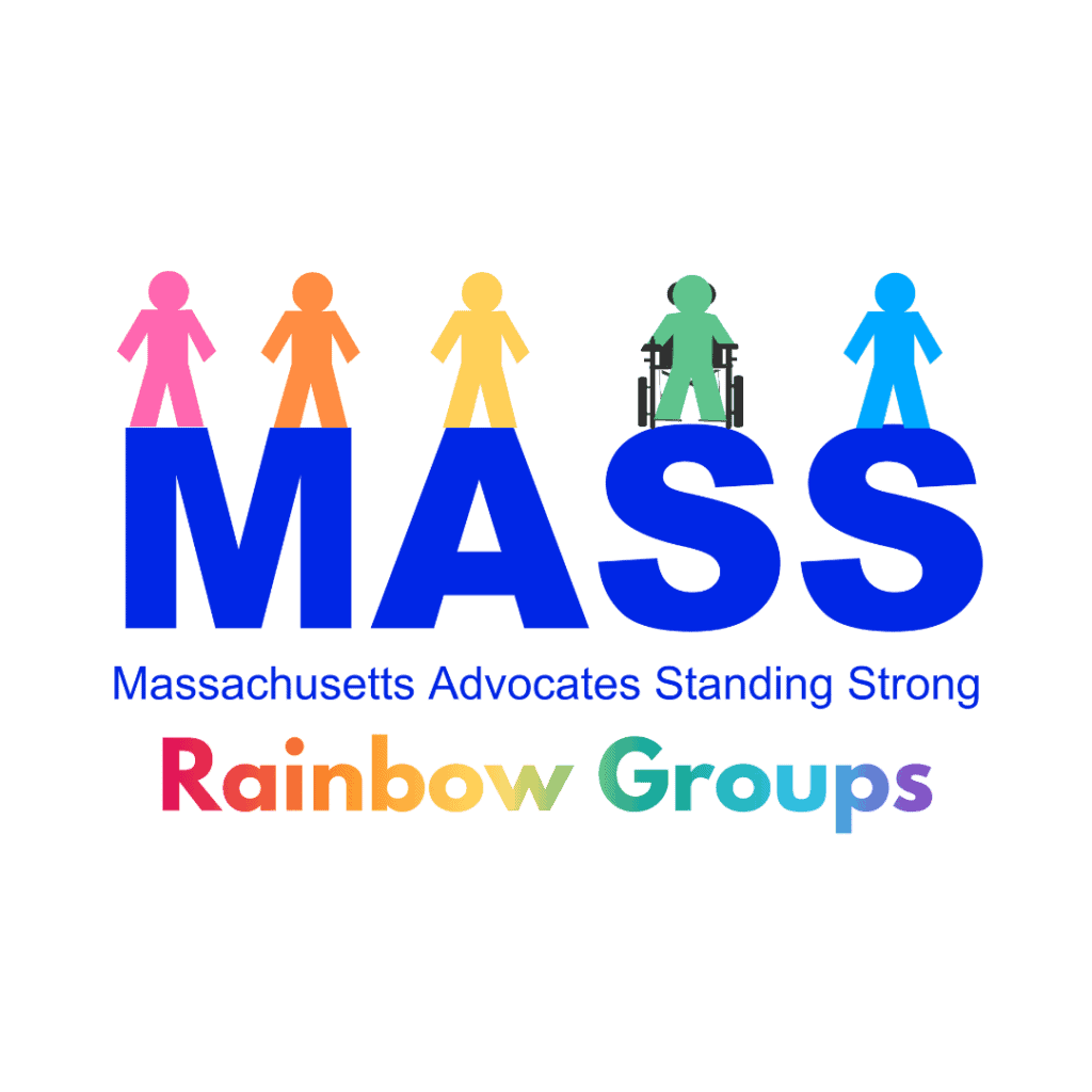 The Massachusetts Advocates Standing Strong Rainbow Groups logo. Colorful stick figures are on top of blue text reading MASS Massachusetts Advocates Standing Strong. Beneath that text is rainbow text that reads Rainbow Groups.