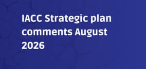 White text on a blue background. Text says IACC Strategic plan comments August 2026